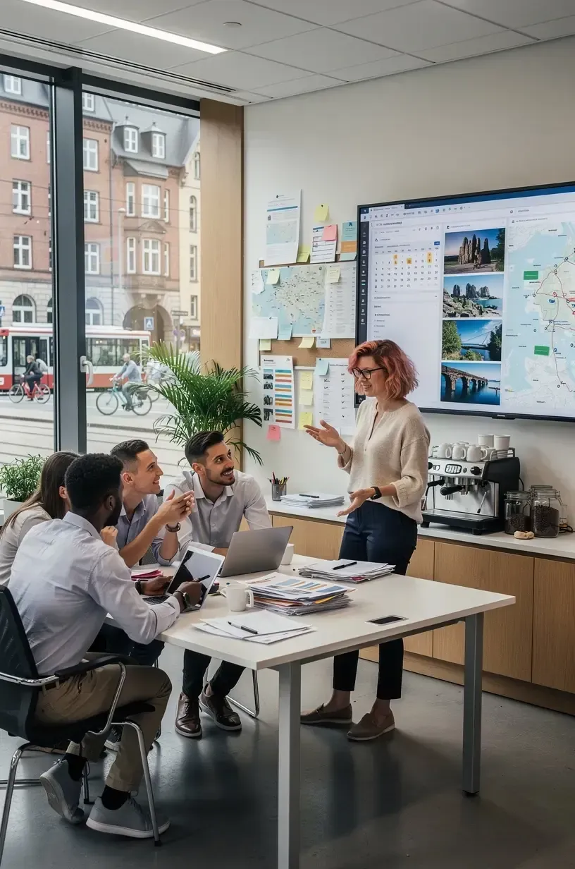 Beratungsgespräch in einem regionalen Reisebüro zur individuellen Tourenplanung durch deutsche Bundesländer.
