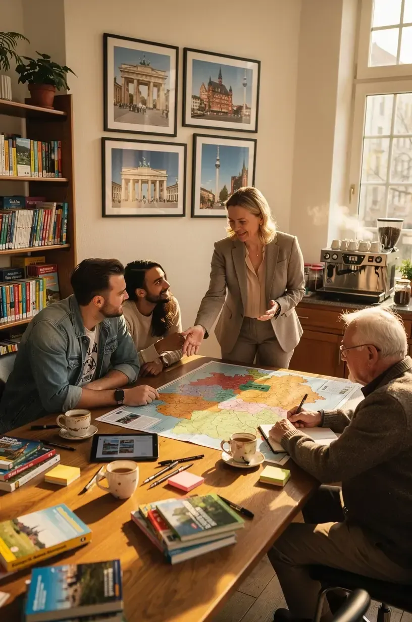 Professioneller Mitarbeiter erläutert Besuchern maßgeschneiderte Reiserouten mit gedrucktem Kartenmaterial.